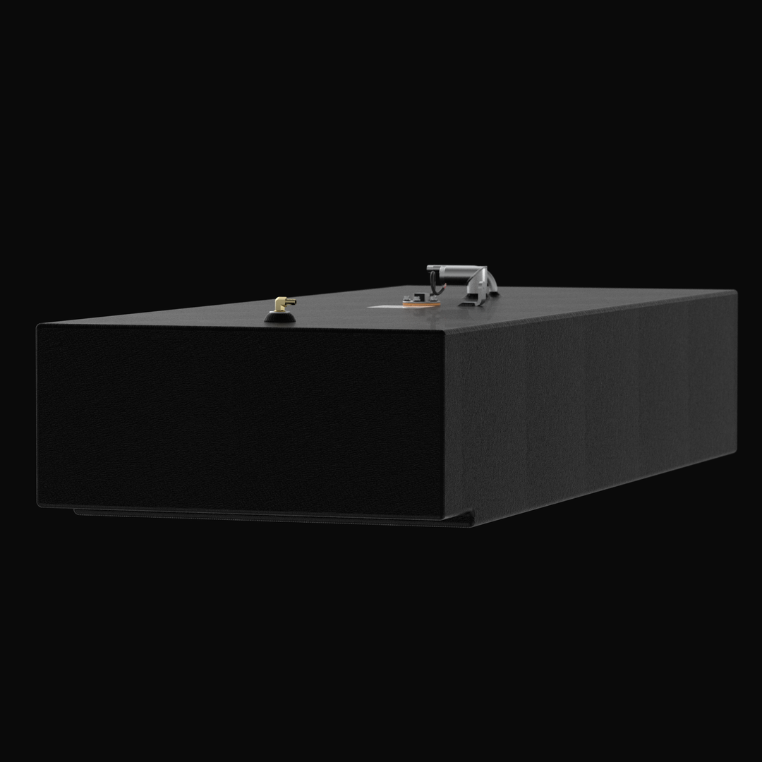 Low-perspective 3D rendering of a matte black marine-grade aluminum fuel tank featuring a textured coal-tar epoxy finish, showing a brass fuel vent fitting and top-mounted rigging hardware on a solid black background.