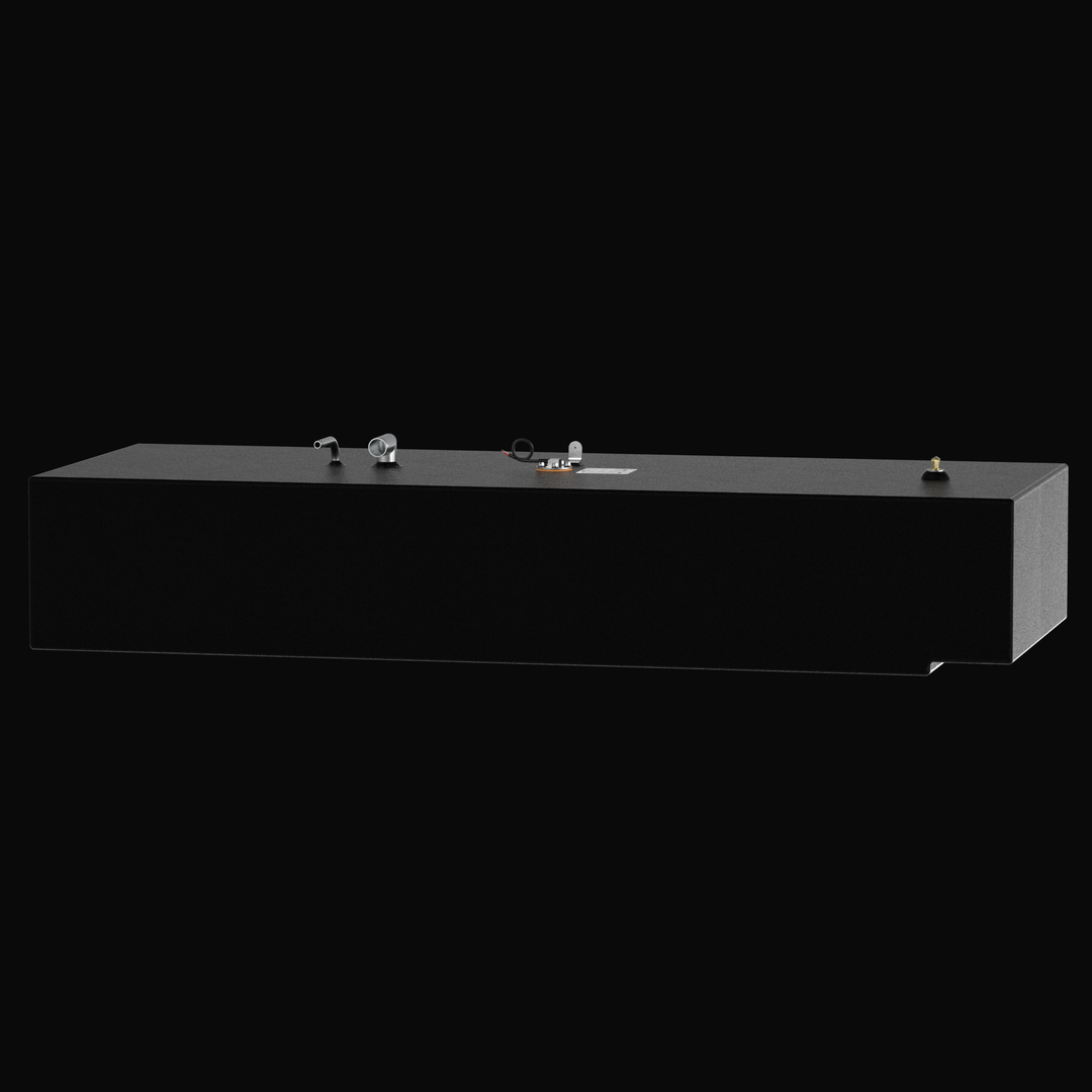 Side-perspective 3D rendering of a long, matte black marine-grade aluminum fuel tank with a textured coal-tar epoxy finish, featuring a row of top-mounted stainless steel fuel fittings and a pre-installed KUS sending unit on a solid black background.