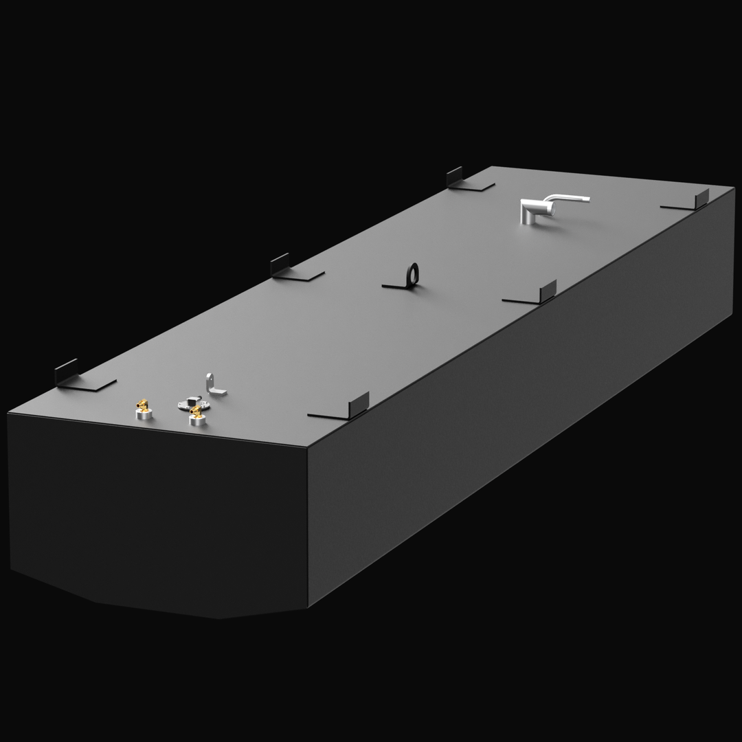 A 3D render of a very long, rectangular, dark grey boat fuel tank, shown at an angle. The tank features two clusters of fittings, a central D-ring, and six black mounting tabs on its top surface, against a black background.