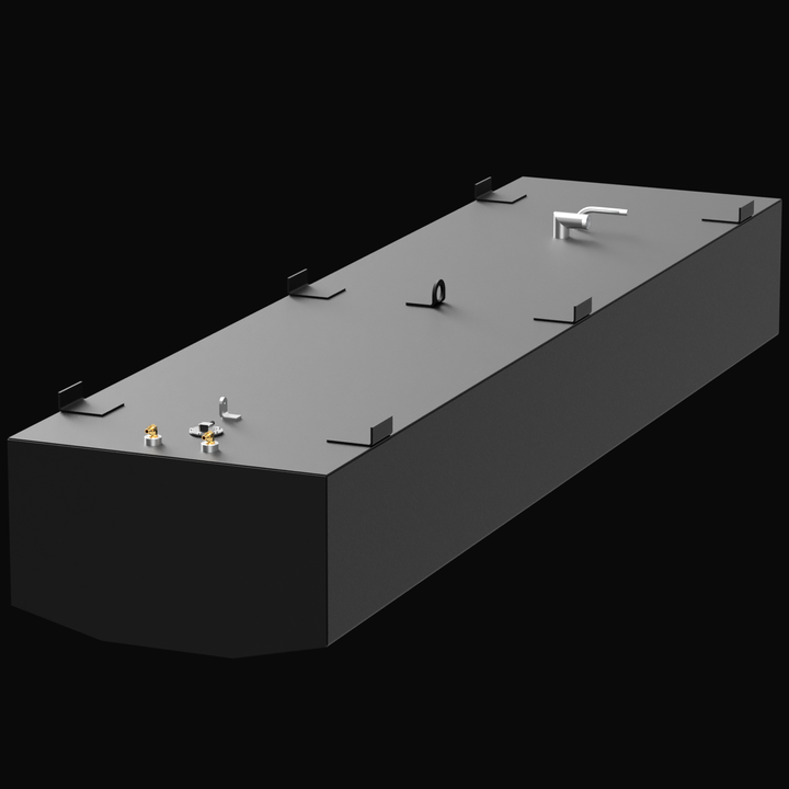 A 3D render of a very long, rectangular, dark grey boat fuel tank, shown at an angle. The tank features two clusters of fittings, a central D-ring, and six black mounting tabs on its top surface, against a black background.