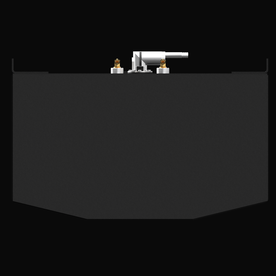 A 3D render showing the profile view of a dark grey boat fuel tank with a V-shaped or faceted bottom. A prominent cluster of brass and silver/white fittings is visible on the top edge, against a black background.