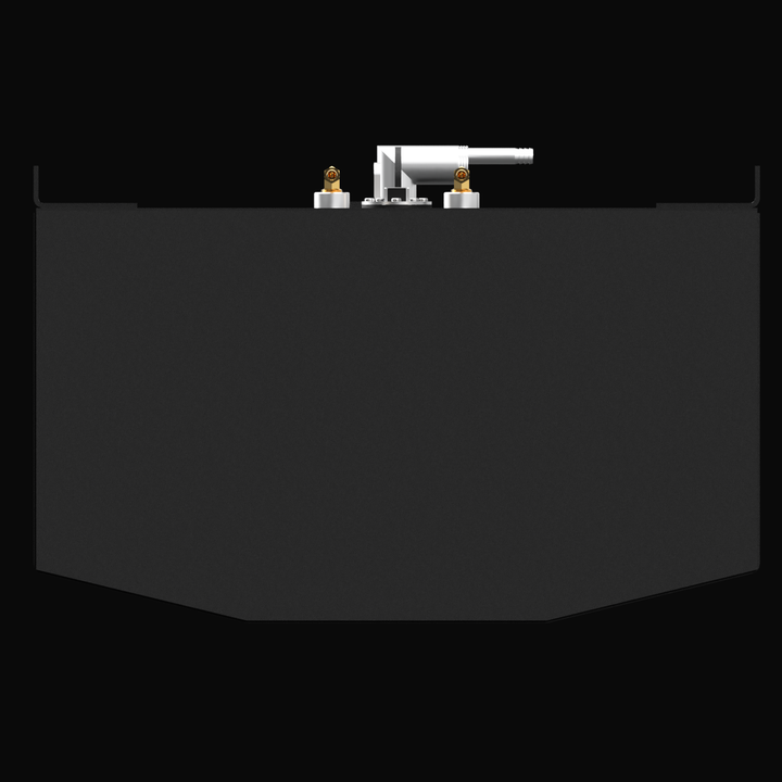 A 3D render showing the profile view of a dark grey boat fuel tank with a V-shaped or faceted bottom. A prominent cluster of brass and silver/white fittings is visible on the top edge, against a black background.