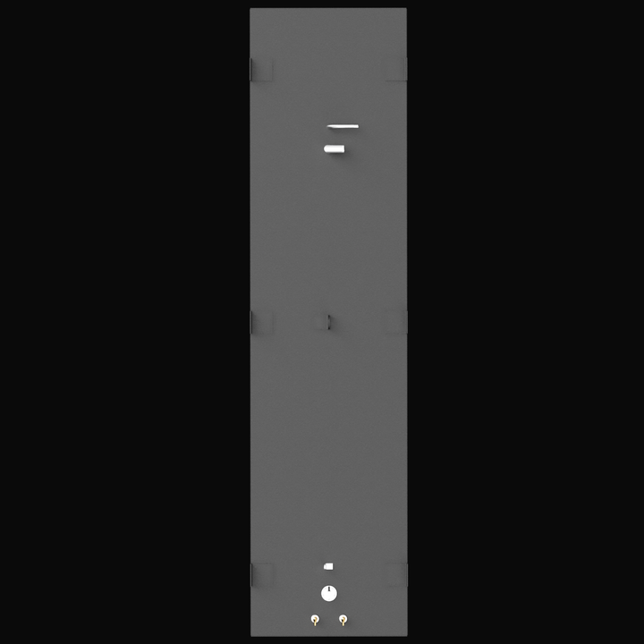 A direct top-down 3D render of a long, rectangular, dark grey boat fuel tank, showing various fittings, a central D-ring, and six mounting tabs on its top surface, against a black background.