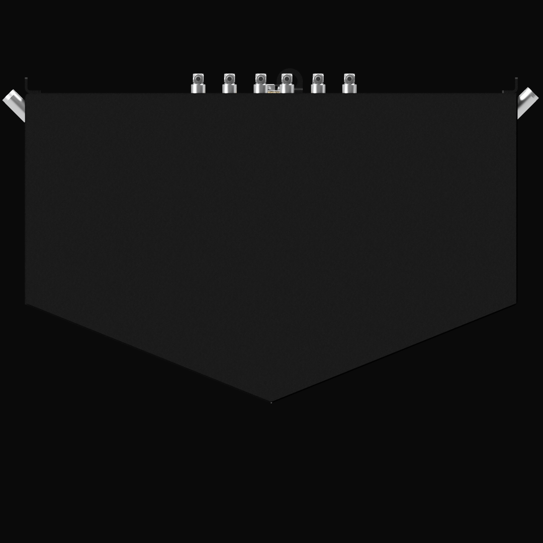 A 3D render showing a direct top-down view of a large, V-shaped, dark grey boat fuel tank, isolated against a black background. A row of silver-colored fittings and two angled mounting tabs are visible along the flat back edge.