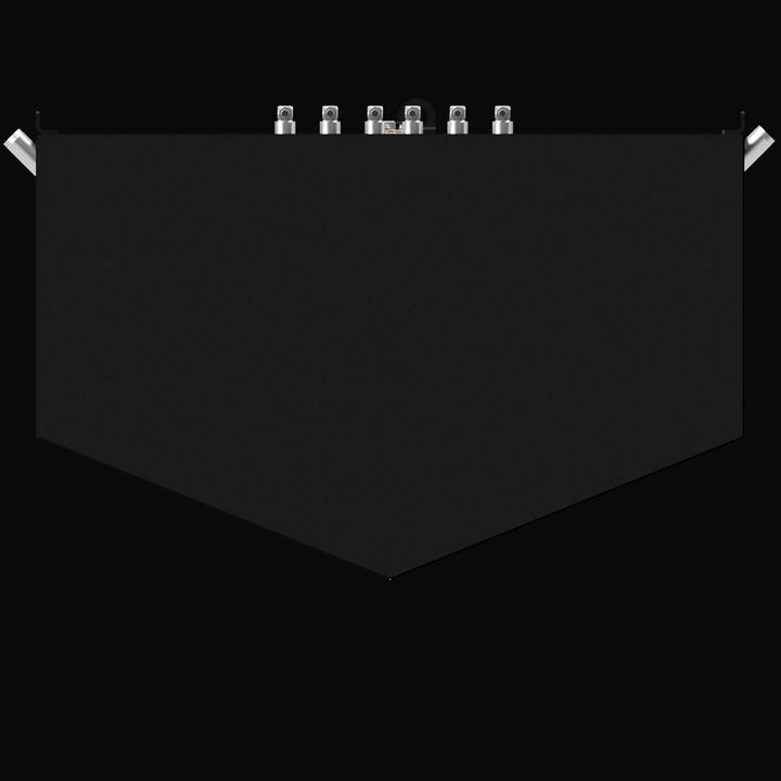 A 3D render showing a direct top-down view of a large, V-shaped, dark grey boat fuel tank, isolated against a black background. A row of silver-colored fittings and two angled mounting tabs are visible along the flat back edge.