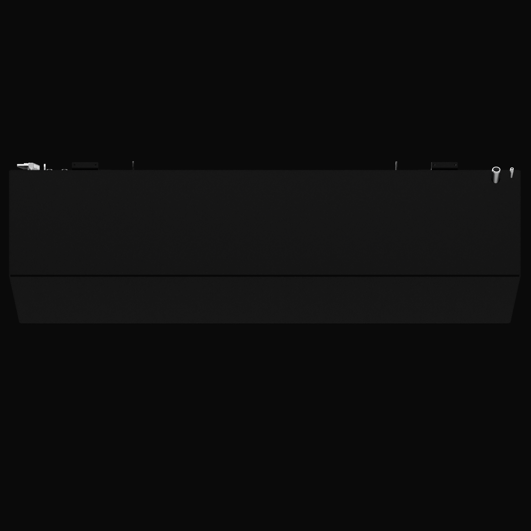 A 3D render showing a side profile view of a large, dark grey boat fuel tank, highlighting the various fittings on its top surface, all set against a black background.