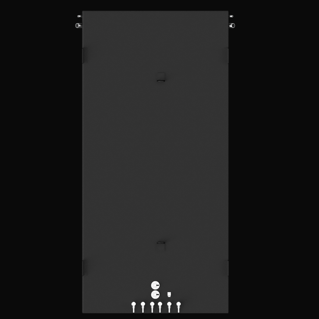 A direct top-down 3D render of a long, rectangular, dark grey boat fuel tank, showing its various silver-colored fittings, D-rings, and mounting tabs against a black background.