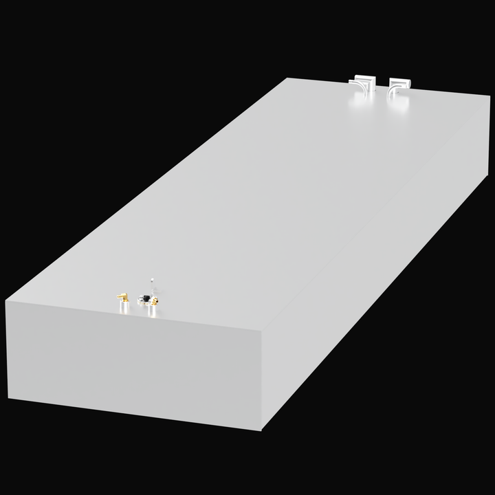 A rectangular, metallic tank with various fittings and valves on top, labeled for an Ocean Master 29' boat from 1987 with a capacity of 251 gallons. The tank is shown against a black background
