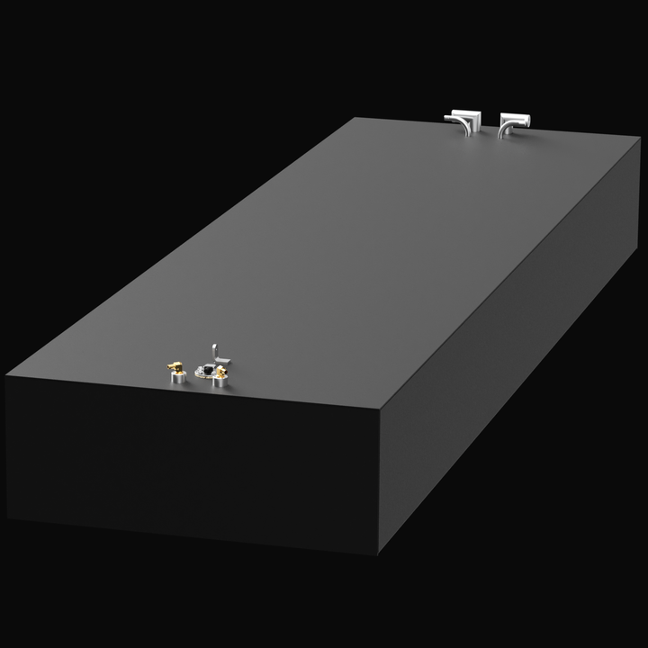 A 3D model of a rectangular black fuel tank with a capacity of 251 gallons, designed for an Ocean Master 29' boat, shown against a black background. The tank features metallic fittings and two outlets on the top