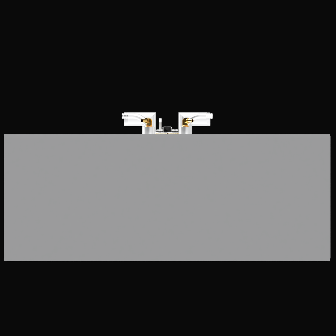 A digital illustration of a rectangular fuel tank with a capacity of 251 gallons, designed for an Ocean Master 29' boat from 1987. The tank is gray, with metal fittings and two outlets on the top, set against a black background