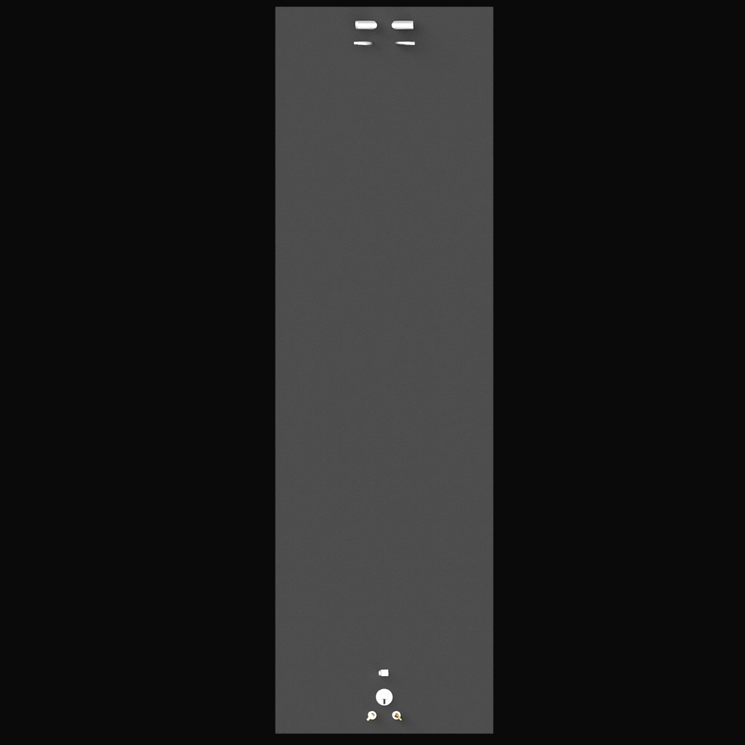 A tall, rectangular, gray metal panel with three small rectangular openings near the top, a circular opening with a handle near the bottom, and two small circular ports at the very bottom, set against a black background