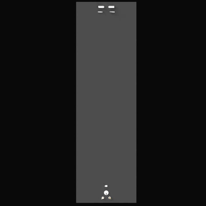 A tall, rectangular, gray metal panel with three small rectangular openings near the top, a circular opening with a handle near the bottom, and two small circular ports at the very bottom, set against a black background