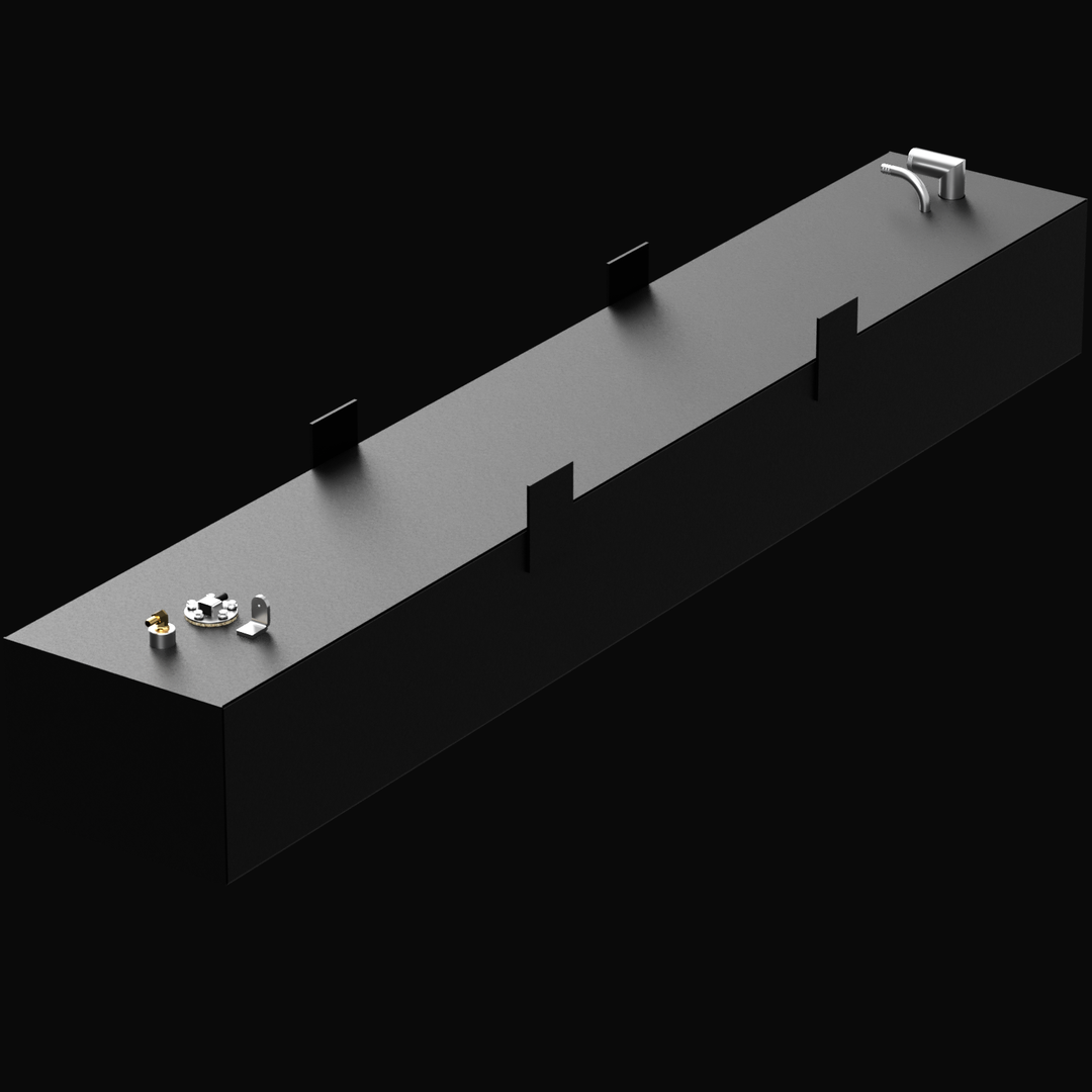 A 3D render of a very long, rectangular, dark grey boat fuel tank, shown at an angle. The tank features two clusters of silver and brass fittings and four black mounting tabs (two recessed) on its top surface, against a black background.