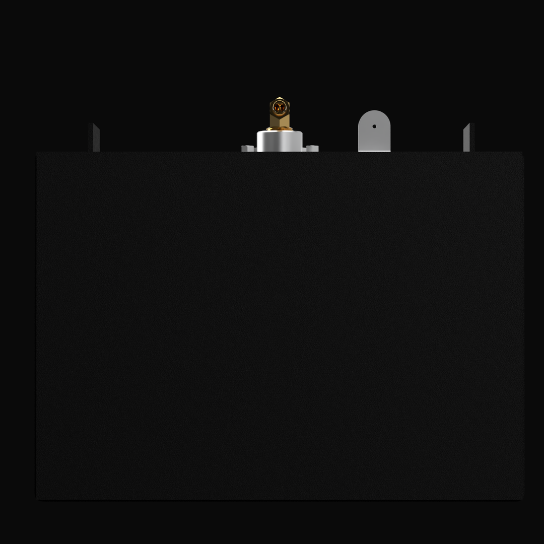 A 3D render showing the profile view of a dark grey boat fuel tank, highlighting a prominent brass and silver fitting cluster and two mounting tabs visible on the top edge, against a black background.