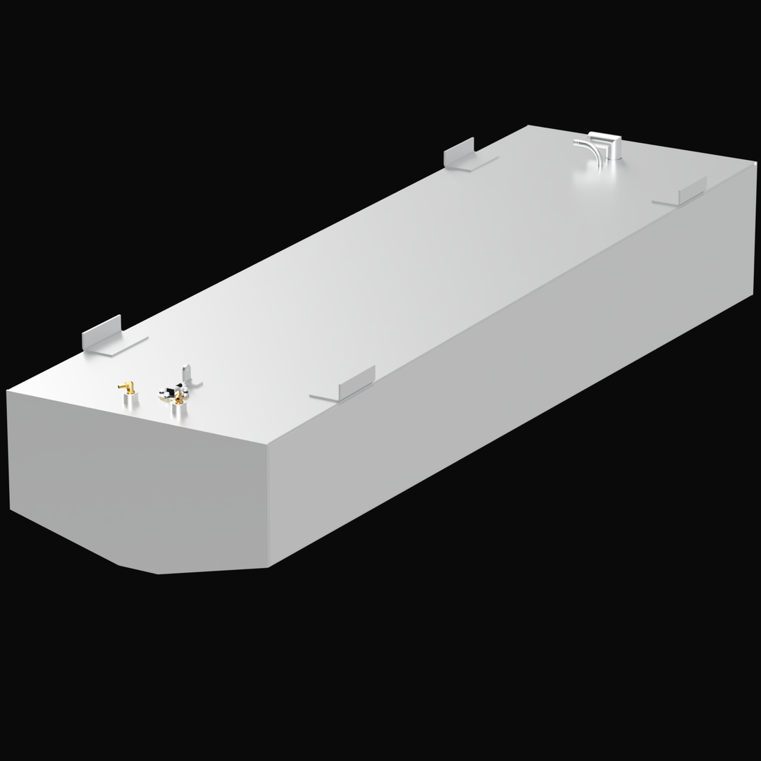 A 3D render of a long, light grey boat fuel tank, shown at an angle. The tank features various brass and silver fittings and four mounting brackets on its top surface, against a black background.