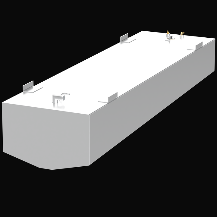 A 3D render of the Parker 2510 156-gallon 2001 OEM replacement fuel tank, showing the long, light grey tank with fittings and four mounting brackets on its top surface, against a black background.