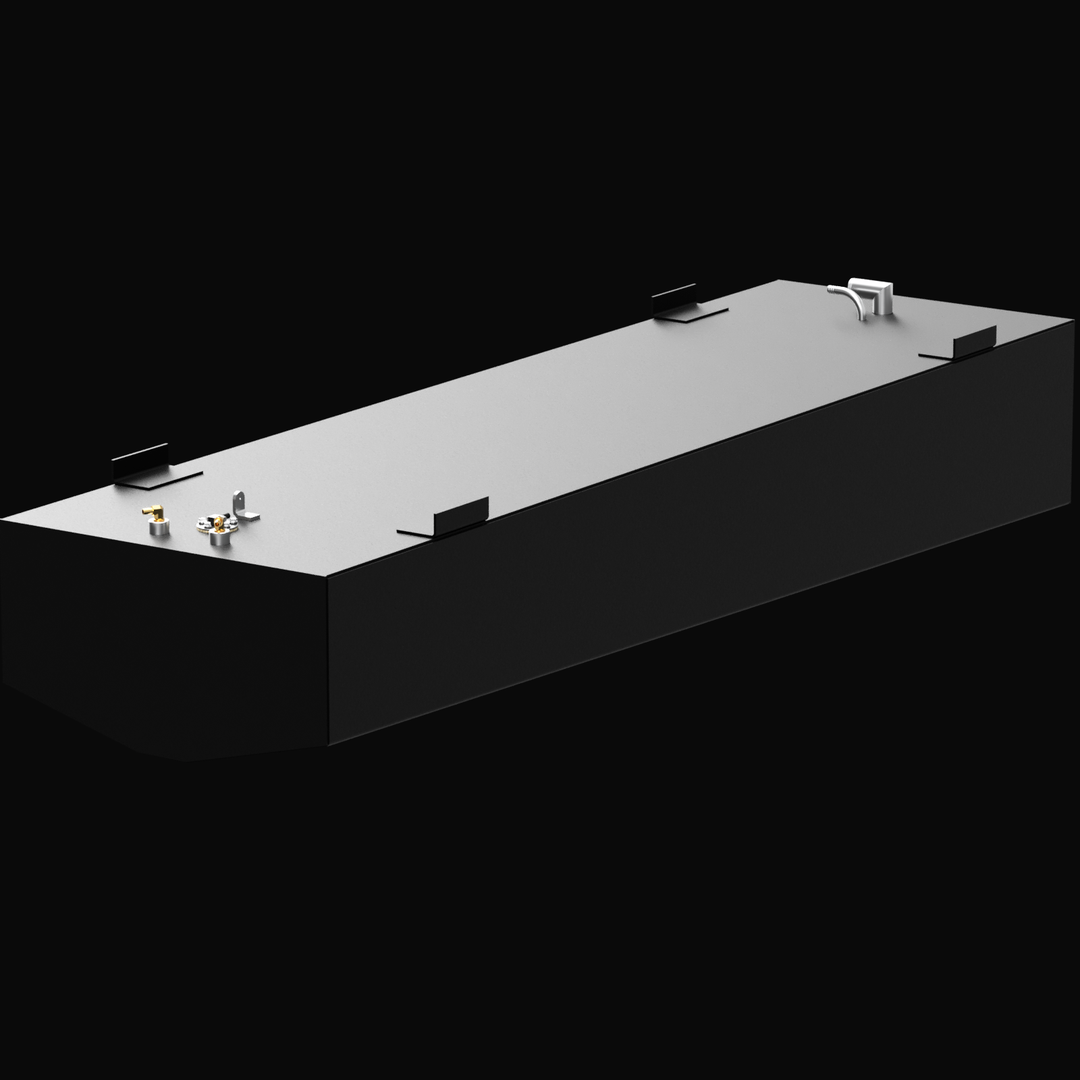 A 3D render of a long, rectangular boat fuel tank with a dark grey body and a highly reflective white top surface. The tank features various fittings (brass and silver) and four black mounting tabs on its top edges, against a black background.