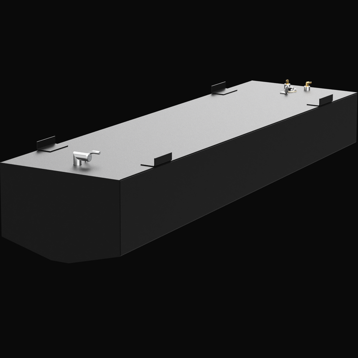 A 3D render of a very long, rectangular boat fuel tank with a dark grey body and reflective white top. The tank features two clusters of fittings and four black mounting tabs on its top surface, shown at an angle against a black background.