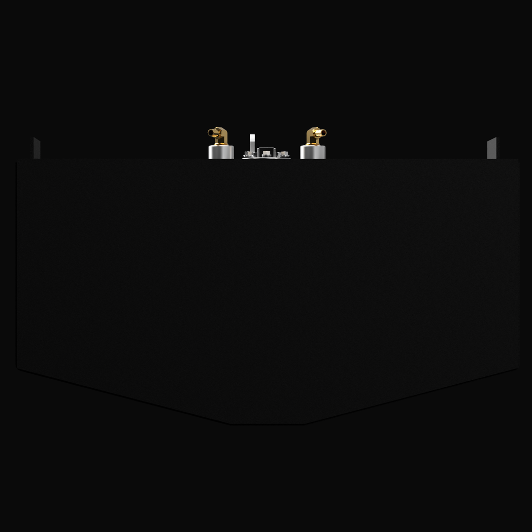 A 3D render showing the profile view of a dark grey boat fuel tank with a V-shaped or faceted bottom. Several brass and silver-colored fittings are visible on the top edge, against a black background.