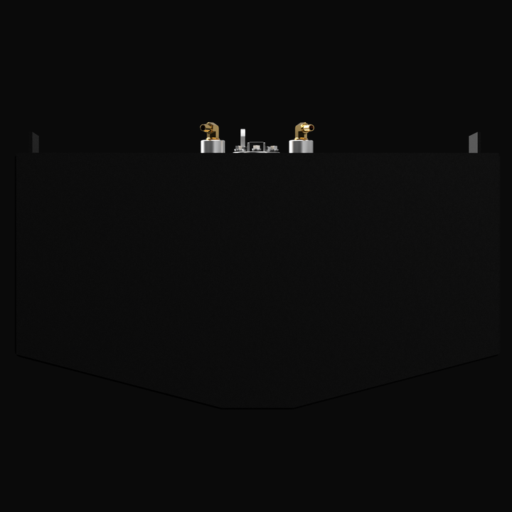 A 3D render showing the profile view of a dark grey boat fuel tank with a V-shaped or faceted bottom. Several brass and silver-colored fittings are visible on the top edge, against a black background.