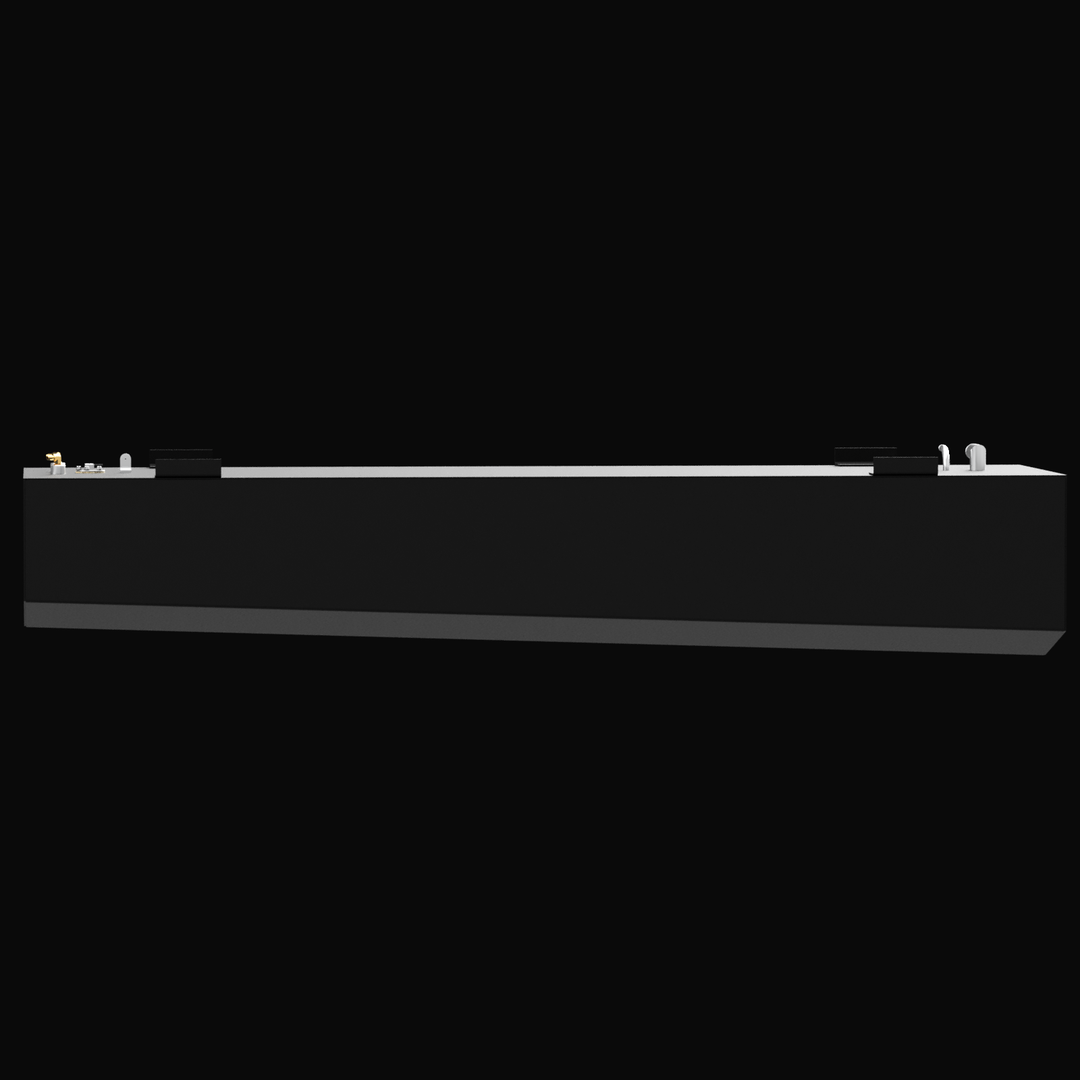 A 3D render showing a long side profile of a dark grey boat fuel tank with a sloping bottom. The top surface features fittings and black mounting tabs, against a black background.