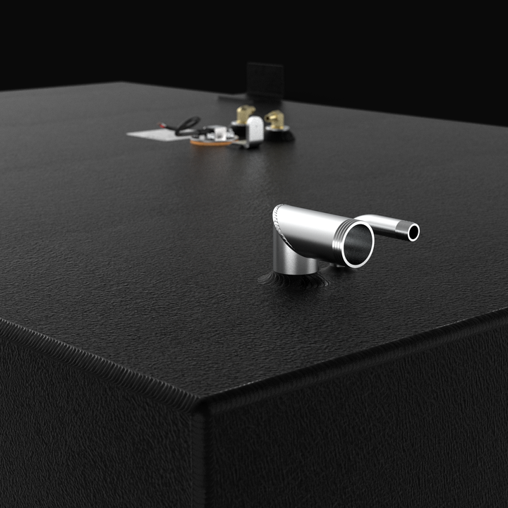 Isometric rear view of a Parker 2520 (2001) replacement fuel tank with a 157-gallon capacity. The image showcases the heavy-duty .190 marine-grade aluminum construction and the protective Coal Tar Epoxy coating. Highlighting precision-welded mounting tabs and a direct-fit OEM design, this tank is built to meet all USCG and ABYC safety standards for offshore performance.