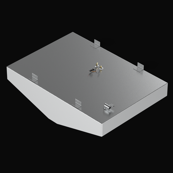 Vertical top-down view of a Parker 2520 (2001) replacement fuel tank. This 157-gallon marine tank features a heavy-duty .190 aluminum build with a protective Coal Tar Epoxy finish. The image provides a clear look at the fuel sending unit, grounding tab, and fill/vent ports, highlighting the direct-fit OEM engineering required for a compliant offshore fuel system restoration.
