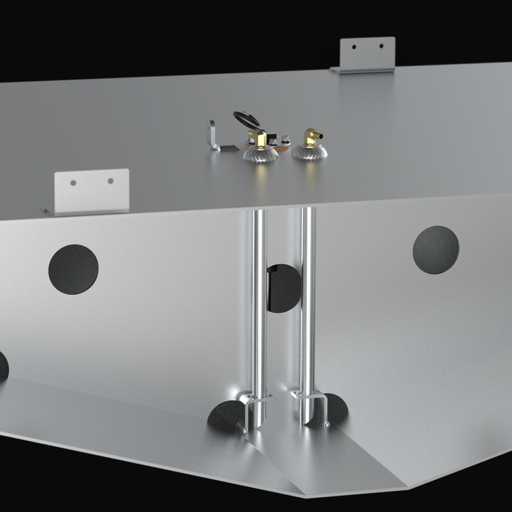 Close-up profile of a 2001 Parker 2520 replacement tank. Highlights the high-build Coal Tar Epoxy finish and reinforced mounting tabs, ensuring ABYC and USCG compliance.