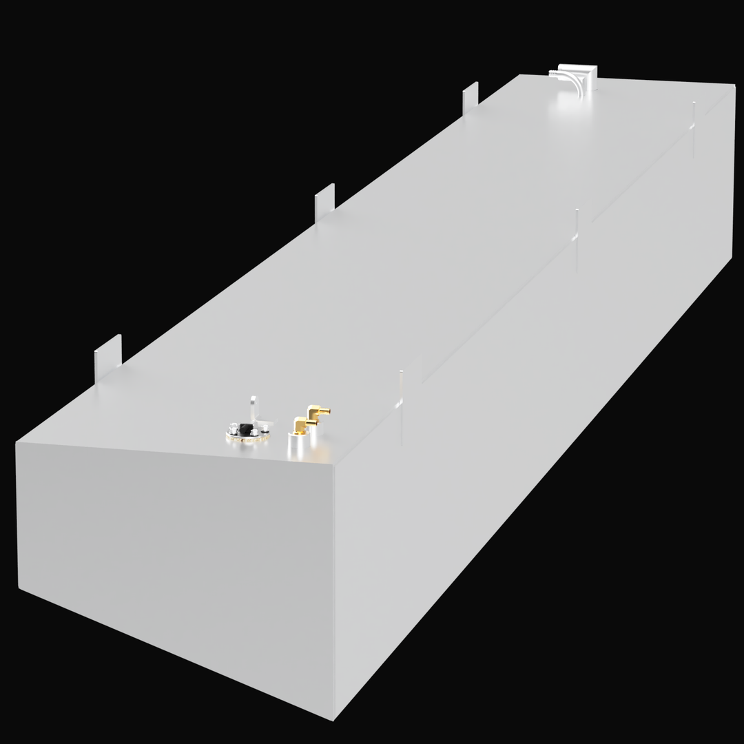 A product diagram for a Parker 2801 STBD (Starboard) Fuel Tank with a 150-gallon capacity. The image displays a 3D rendering of a long, silver, rectangular aluminum tank. The dimensions are clearly labeled with white arrows: 138 inches in length, 20 1/2 inches in width, and 16 1/2 inches in height.
