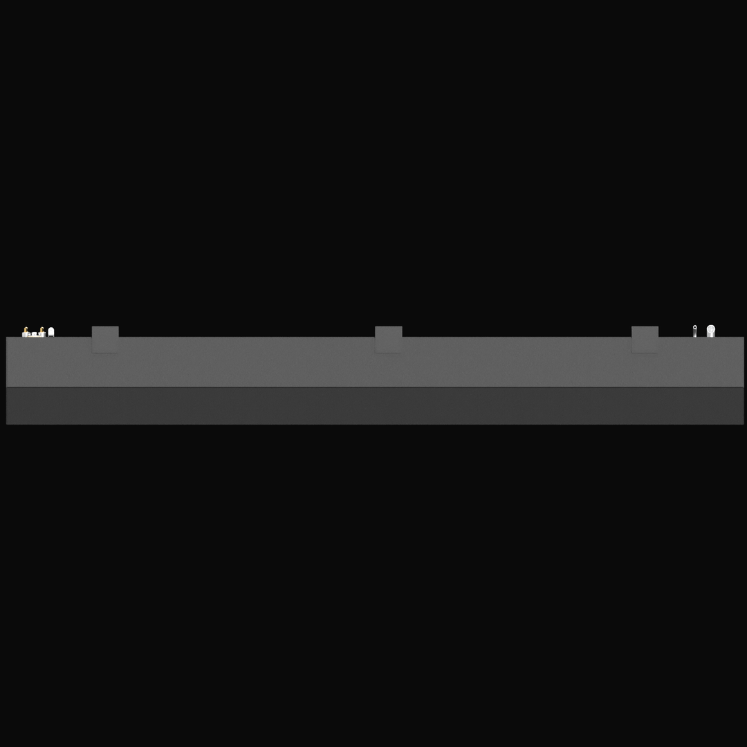 A side profile rendering of a long, rectangular marine fuel tank. The view focuses on the top surface layout, showing a cluster of brass and silver fittings (likely for fuel pickup and the sending unit) on the far left, and a fill or vent fitting on the far right. Three rectangular mounting tabs are spaced evenly along the length of the tank's top edge.