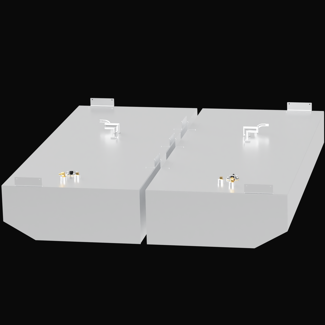 3D render of a pair of white marine fuel tanks side by side labeled "Combo Hydra Sport 29 (PORT/STBD) 306 gal." Each tank has beveled front edges, mounting brackets, fuel fill pipes with elbows, sending units, and other fittings on top. The tanks have a narrow gap between them, and the background is black