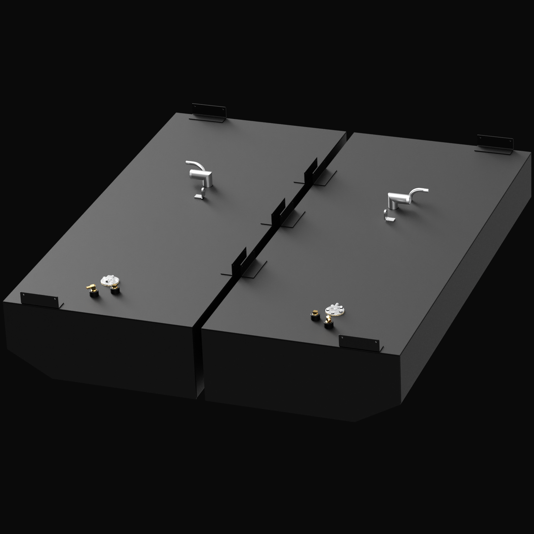  Pair of black, rectangular port and starboard fuel tanks for a Pursuit 2870 (2001 model), with a total capacity of 200 gallons. Each tank features multiple metallic fittings on the top surface, likely for fuel fill, vent, sender, and pickup lines.