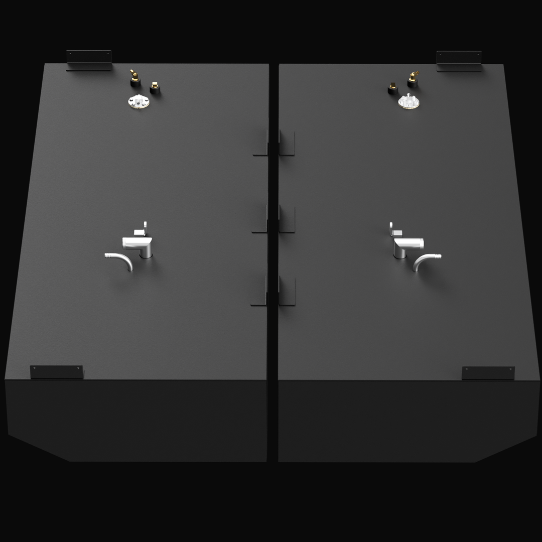 High-angle perspective view of a pair of black, rectangular port and starboard fuel tanks designed for a Pursuit 2870 (2001 model), with a total capacity of 200 gallons. The image emphasizes the top surfaces of the tanks, displaying various metallic fittings for fuel connections.