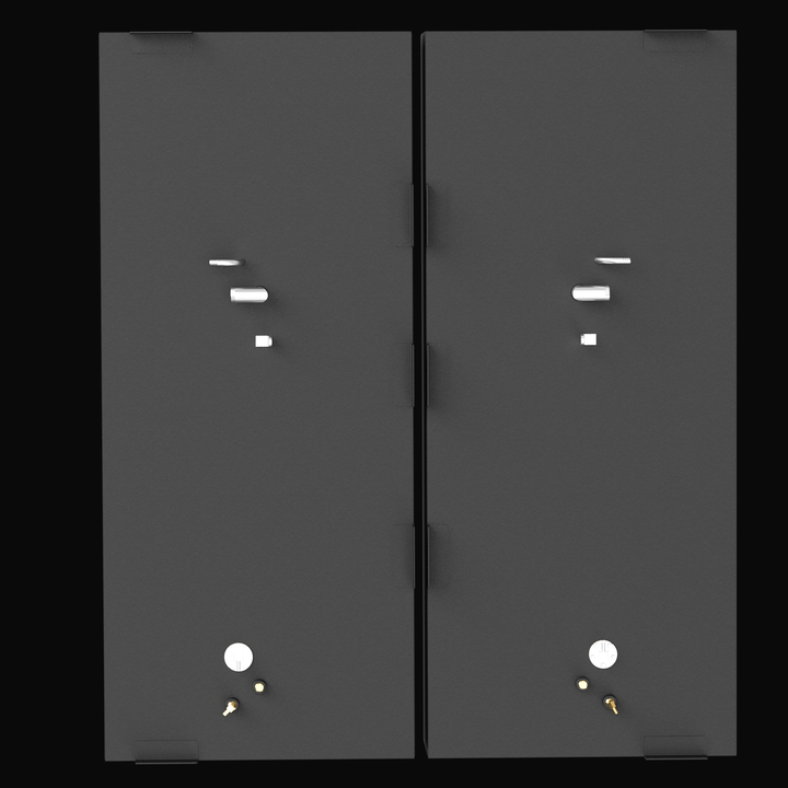 Direct top-down view of the pair of black, rectangular port and starboard fuel tanks for a Pursuit 2870 (2001 model), with a total capacity of 200 gallons. This perspective clearly shows the layout of various metallic fittings and access points on the flat top surface of each tank.