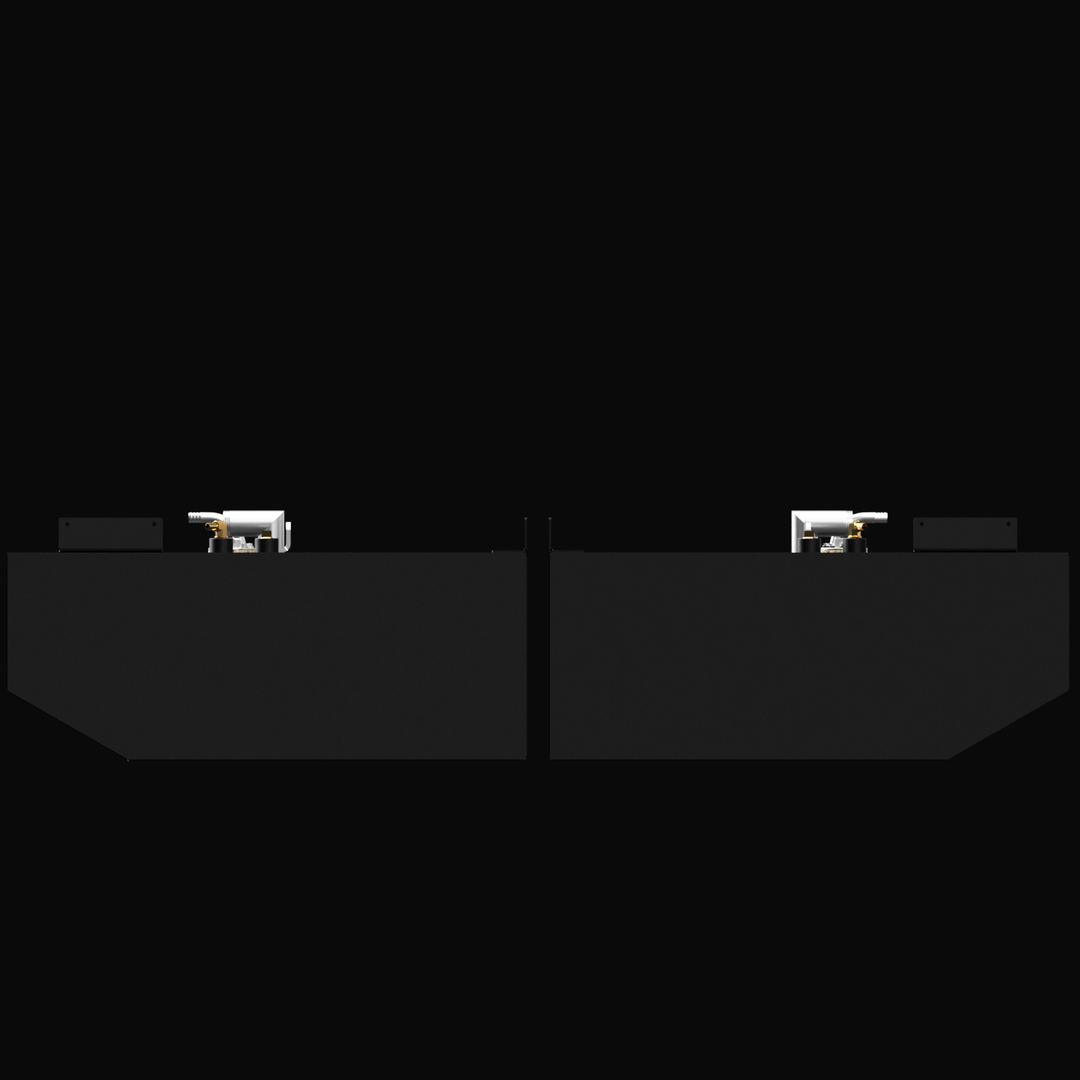 Side elevation view of the two black port and starboard fuel tanks for a Pursuit 2870 (2001 model), offering a combined 200-gallon capacity. This image displays the profile of the tanks as viewed from the front or rear, with metallic fittings visible on their top edges and slightly angled lower outer corners.