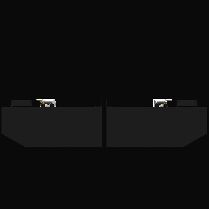 Side elevation view of the two black port and starboard fuel tanks for a Pursuit 2870 (2001 model), offering a combined 200-gallon capacity. This image displays the profile of the tanks as viewed from the front or rear, with metallic fittings visible on their top edges and slightly angled lower outer corners.