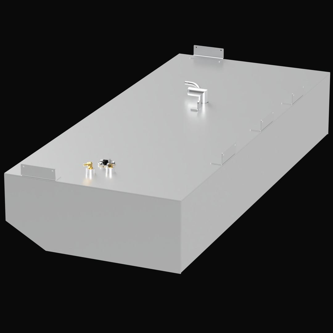 3D render of a marine fuel tank labeled "Pursuit 2870 2001 STBD 100 gal." The tank is light gray with beveled front edges, mounting brackets on the side, a fuel fill pipe with an elbow on top, and various fuel hardware fittings including sending units. Dimensions shown: 70 1/4" length, 30" width, 12" height. The image background is black, with a blue and white "W W" anchor logo in the bottom right corner