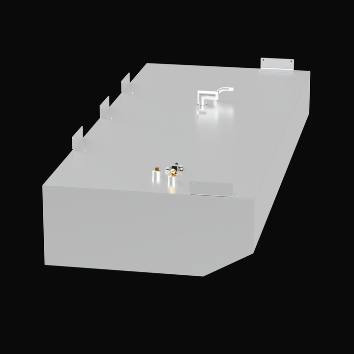 3D render of a large light gray rectangular marine fuel tank with beveled front edges. The tank has multiple mounting brackets on the side, a fuel fill pipe with elbow on top, and various fuel hardware fittings including sending units on the top surface, displayed against a black background