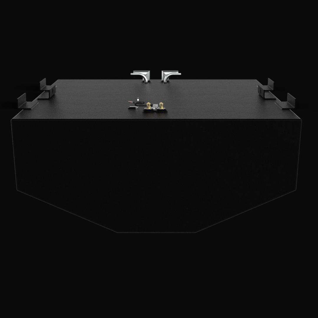 Isometric profile of a heavy-duty Regulator marine fuel tank, showcasing the high-performance .190 aluminum 3D build. The image emphasizes the protective Coal Tar Epoxy coating and the precision-welded structural mounting tabs. This direct-fit OEM replacement includes integrated ports for fuel fill, ventilation, and pickup, engineered to exceed ABYC, USCG, and NMMA safety standards for offshore center console vessels.