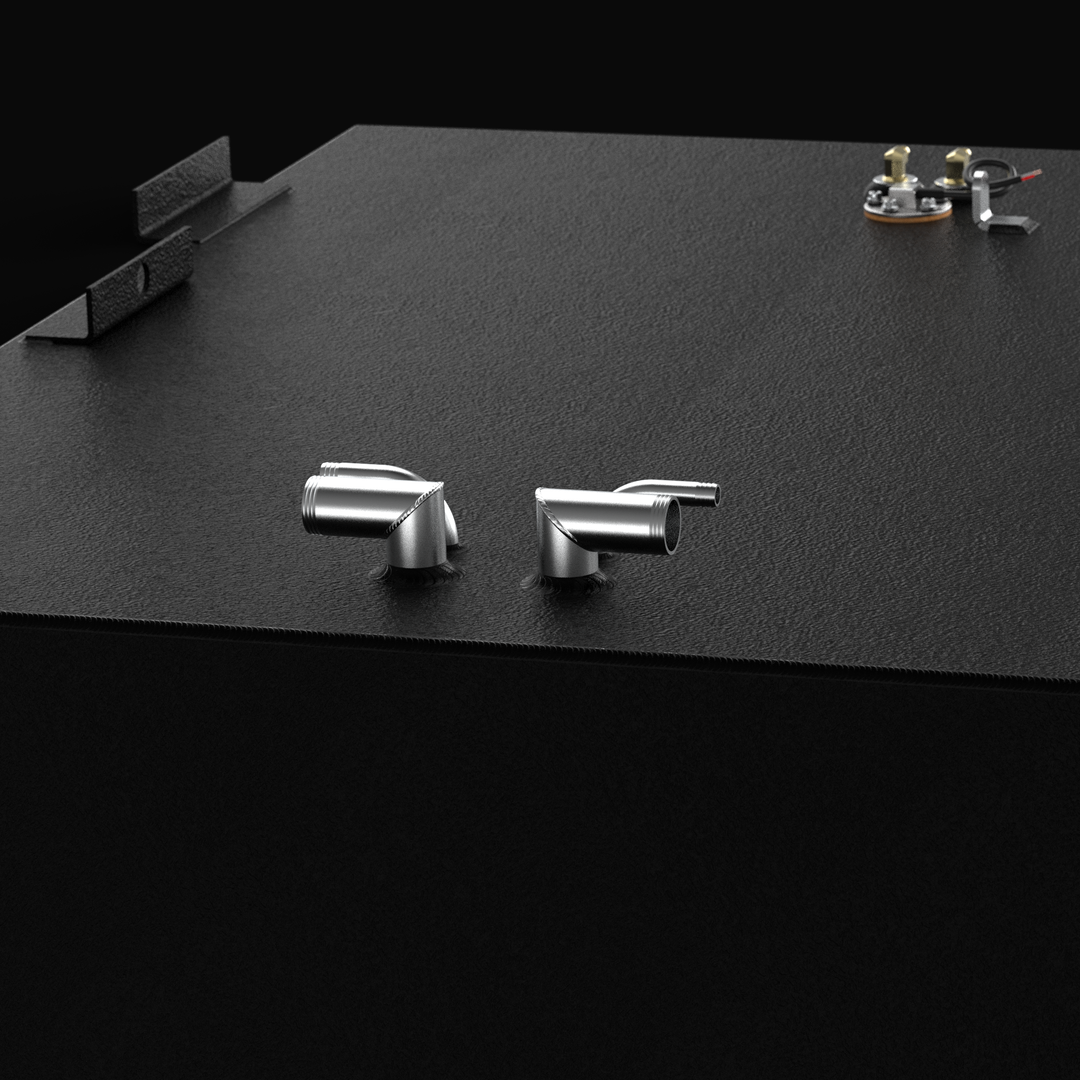 Isometric profile of a heavy-duty Regulator marine fuel tank replacement. This SEO-focused image highlights the rugged .190 aluminum construction and the signature Coal Tar Epoxy corrosion-resistant finish. The view clearly shows the structural mounting flanges and the precision-welded ports for the fuel fill, vent, and pickup, ensuring a direct-fit solution that meets ABYC, USCG, and NMMA standards.
