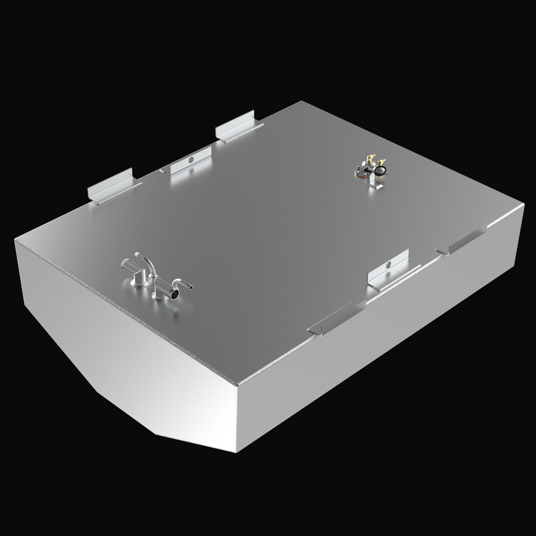 Top-down technical identification of a Regulator marine fuel tank surface. This SEO-optimized image highlights the precision-engineered component layout, featuring the high-flow fuel fill port, threaded vent barb, dual anti-siphon fuel pickups, and the 5-bolt pattern fuel level sender. The heavy-duty .190 aluminum is fully encapsulated in a protective Coal Tar Epoxy finish, ensuring the unit meets all ABYC, USCG, and NMMA safety requirements for offshore fuel systems.