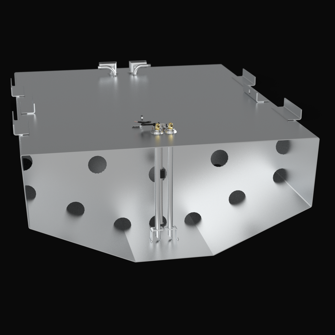 Isometric perspective of a Regulator marine fuel tank replacement, showcasing the high-durability .190 aluminum 3D profile. The image highlights the professional-grade Coal Tar Epoxy coating, reinforced welded mounting brackets, and precision-positioned fuel components. This direct-fit OEM replacement is designed for high-performance offshore center consoles, ensuring full compliance with ABYC, USCG, and NMMA safety standards.