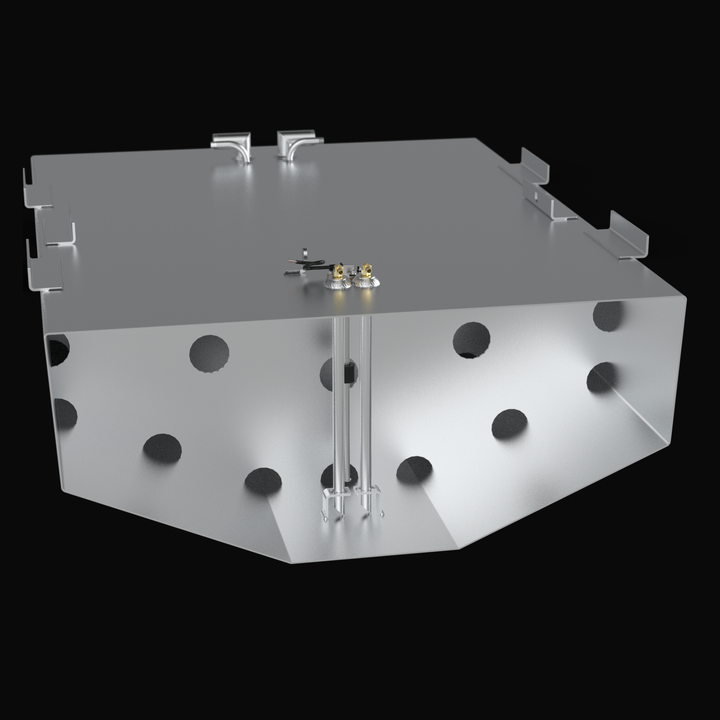 Isometric perspective of a Regulator marine fuel tank replacement, showcasing the high-durability .190 aluminum 3D profile. The image highlights the professional-grade Coal Tar Epoxy coating, reinforced welded mounting brackets, and precision-positioned fuel components. This direct-fit OEM replacement is designed for high-performance offshore center consoles, ensuring full compliance with ABYC, USCG, and NMMA safety standards.
