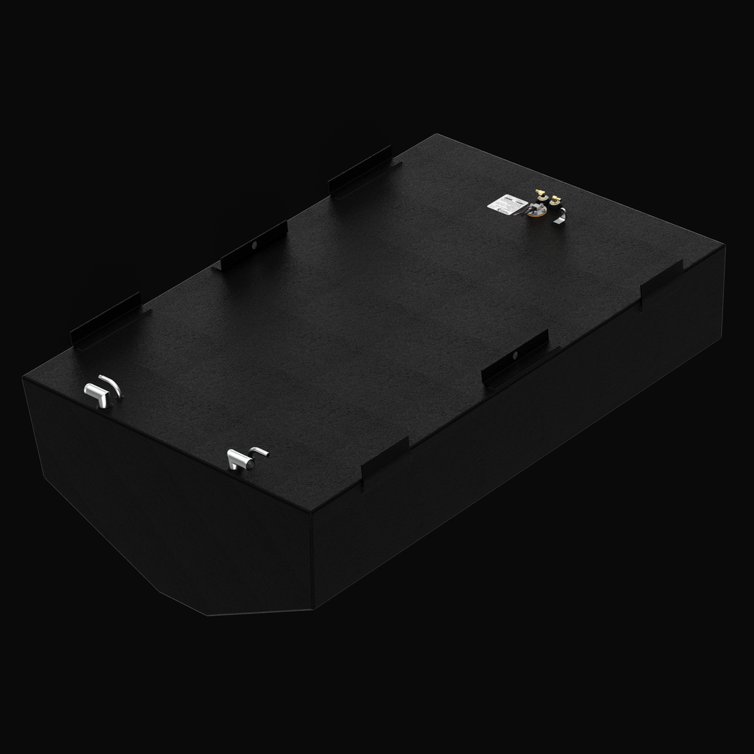 High-angle perspective of a 310-gallon Regulator Marine 32 CC fuel tank replacement featuring a full Coal Tar Epoxy coating. This view highlights the heavy-duty aluminum construction with precision-welded mounting tabs and top-mounted fuel system fittings, engineered for a guaranteed OEM fit and superior corrosion resistance in offshore environments.