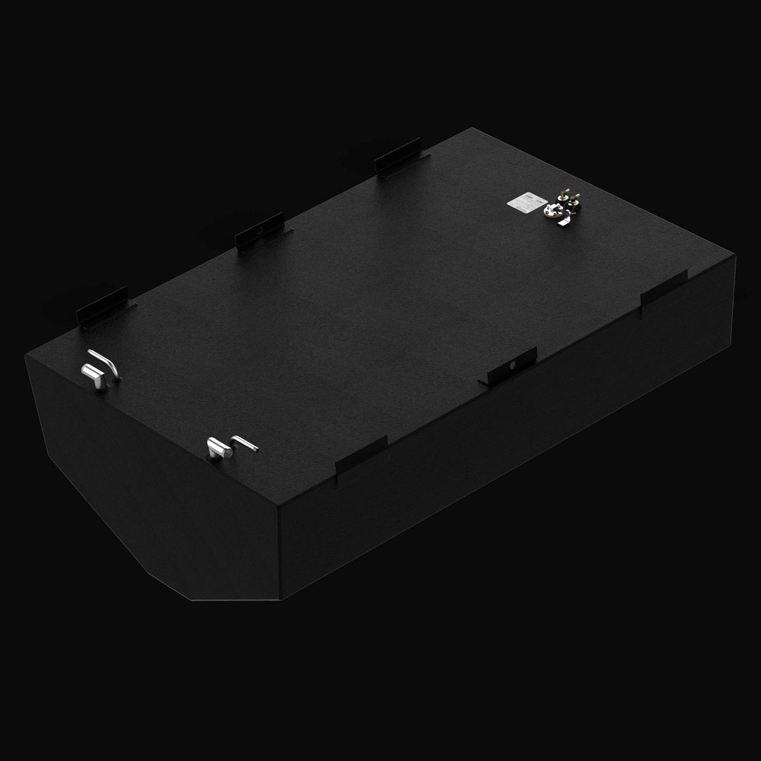 High-angle isometric view of a replacement fuel tank for a Regulator 34 CC Sport Fisher, featuring a hull-conforming V-bottom and specialized side mounting tabs. The image highlights the rugged, high-build Coal Tar Epoxy finish on heavy-duty .250" marine-grade aluminum and precision-placed EPA-compliant top fittings, ensuring a guaranteed OEM fit and maximum corrosion resistance for offshore performance.