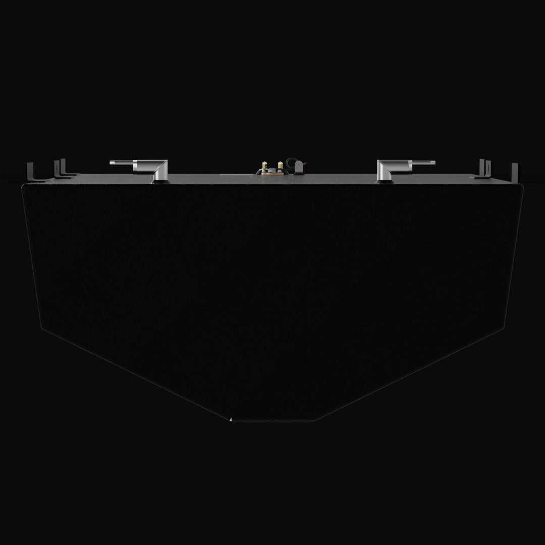 Front-perspective profile of a replacement fuel tank for a Regulator 34 CC Sport Fisher, highlighting the precision-engineered V-bottom hull-conforming geometry and side mounting tabs. The image showcases the heavy-duty .250" marine-grade aluminum construction finished with a rugged, high-build Coal Tar Epoxy coating and precision top-mounted EPA-compliant fittings, ensuring a guaranteed OEM fit and superior corrosion resistance for offshore performance.