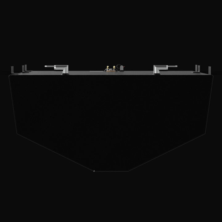 Front-perspective profile of a replacement fuel tank for a Regulator 34 CC Sport Fisher, highlighting the precision-engineered V-bottom hull-conforming geometry and side mounting tabs. The image showcases the heavy-duty .250" marine-grade aluminum construction finished with a rugged, high-build Coal Tar Epoxy coating and precision top-mounted EPA-compliant fittings, ensuring a guaranteed OEM fit and superior corrosion resistance for offshore performance.