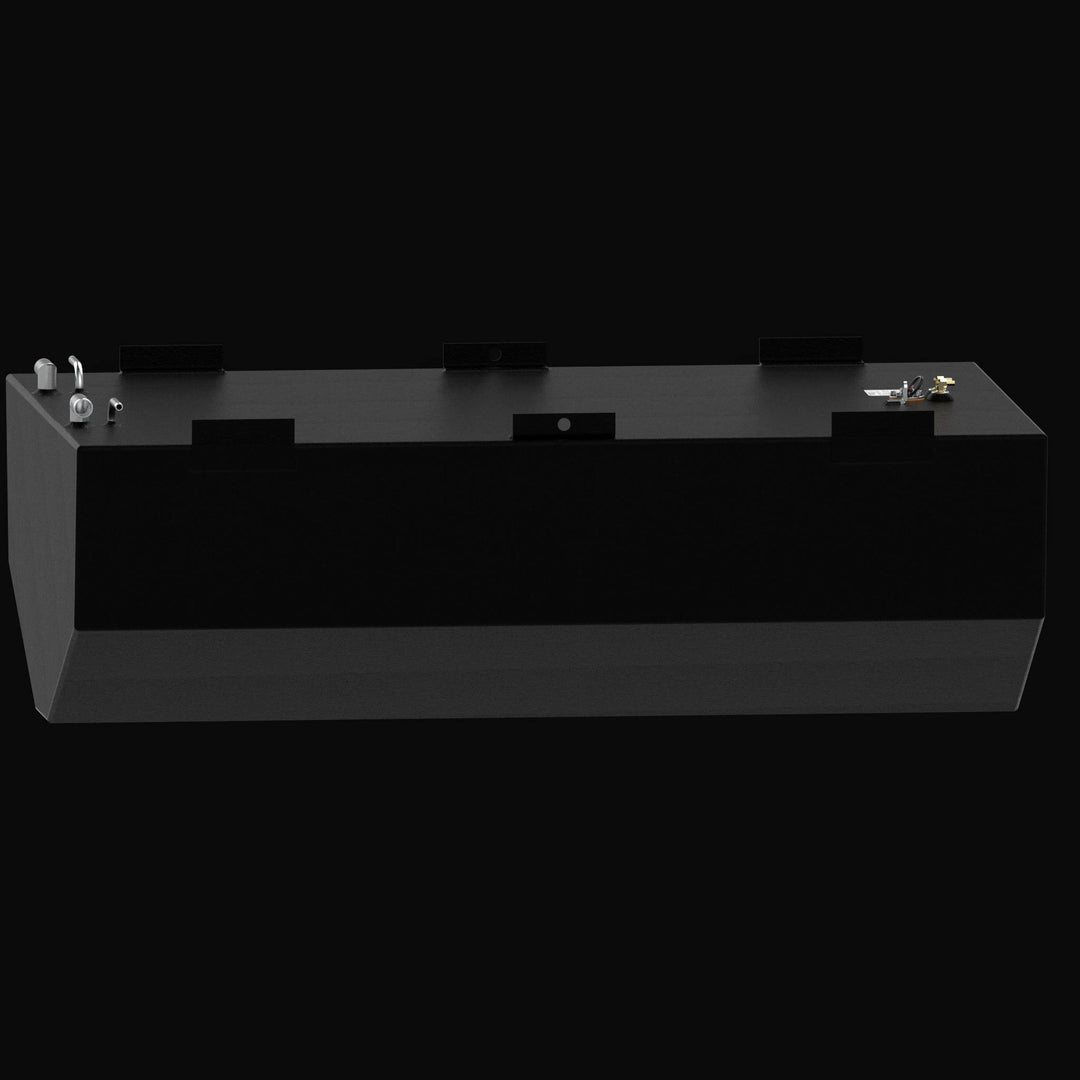 Side-profile perspective of a replacement fuel tank for a Regulator 34 CC Sport Fisher, highlighting the elongated V-bottom hull-conforming geometry and integrated side mounting tabs. The image showcases the heavy-duty .250" marine-grade aluminum construction finished with a rugged, high-build Coal Tar Epoxy coating and precision top-mounted EPA-compliant fittings, ensuring a guaranteed OEM fit and superior corrosion resistance for offshore performance.