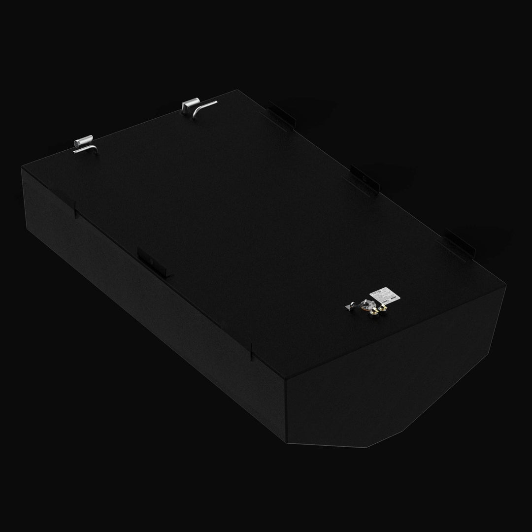 Front-perspective isometric view of a replacement fuel tank for a Regulator 34 CC Sport Fisher, highlighting the precision-engineered V-bottom hull-conforming geometry and side mounting tabs. The image showcases the heavy-duty .250" marine-grade aluminum construction finished with a rugged, high-build Coal Tar Epoxy coating and precision top-mounted EPA-compliant fittings, ensuring a guaranteed OEM fit and superior corrosion resistance for offshore performance.