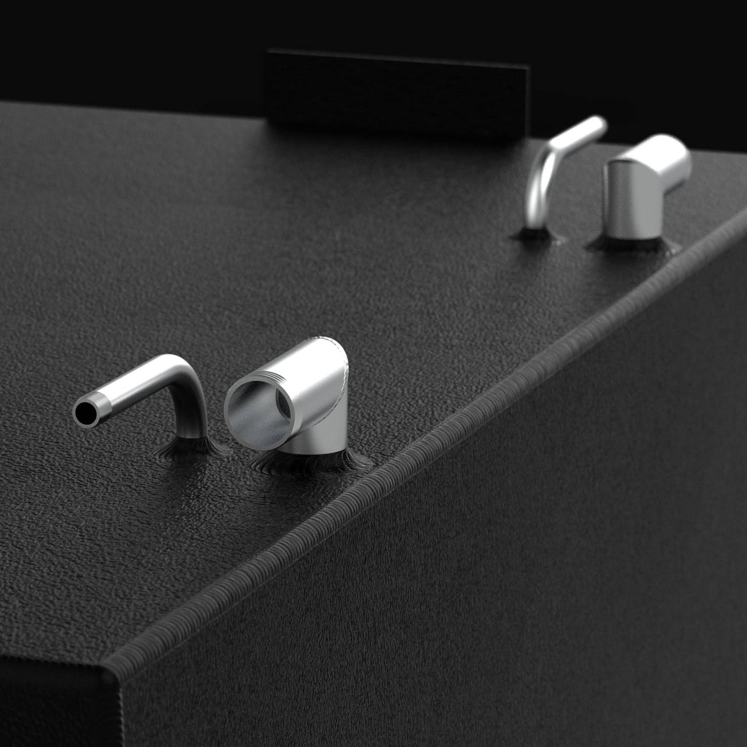 Close-up detail view of the precision TIG-welded corner seams and top-mounted fuel fittings on a Regulator 34 CC Sport Fisher replacement fuel tank. The image highlights the heavy-duty .250" marine-grade aluminum construction finished with a rugged, high-build Coal Tar Epoxy coating, showcasing the industrial-grade craftsmanship that ensures a guaranteed OEM fit and maximum corrosion resistance for offshore vessels.